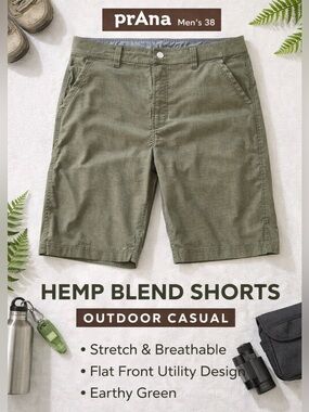 Prana Hemp Blend Shorts Men’s 38 Green Outdoor Hiking Casual Stretch Flat Front